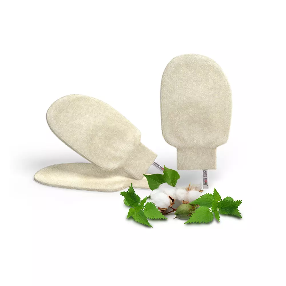 Pflegehandschuh mit Brennnesselfasern Pflegehandschuh mit Brennnesselfasern